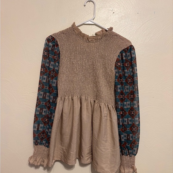 Tan and Blue Smocked Ruffled Blouse - Picture 1 of 8